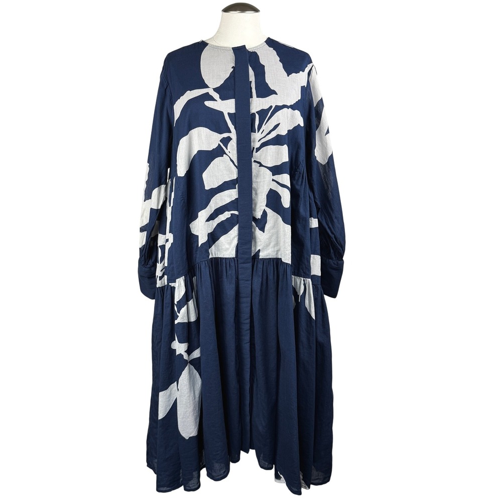 Khara Kapas Women's Blue White Floral‎ Print Tiered Dress XXL Handcrafted India